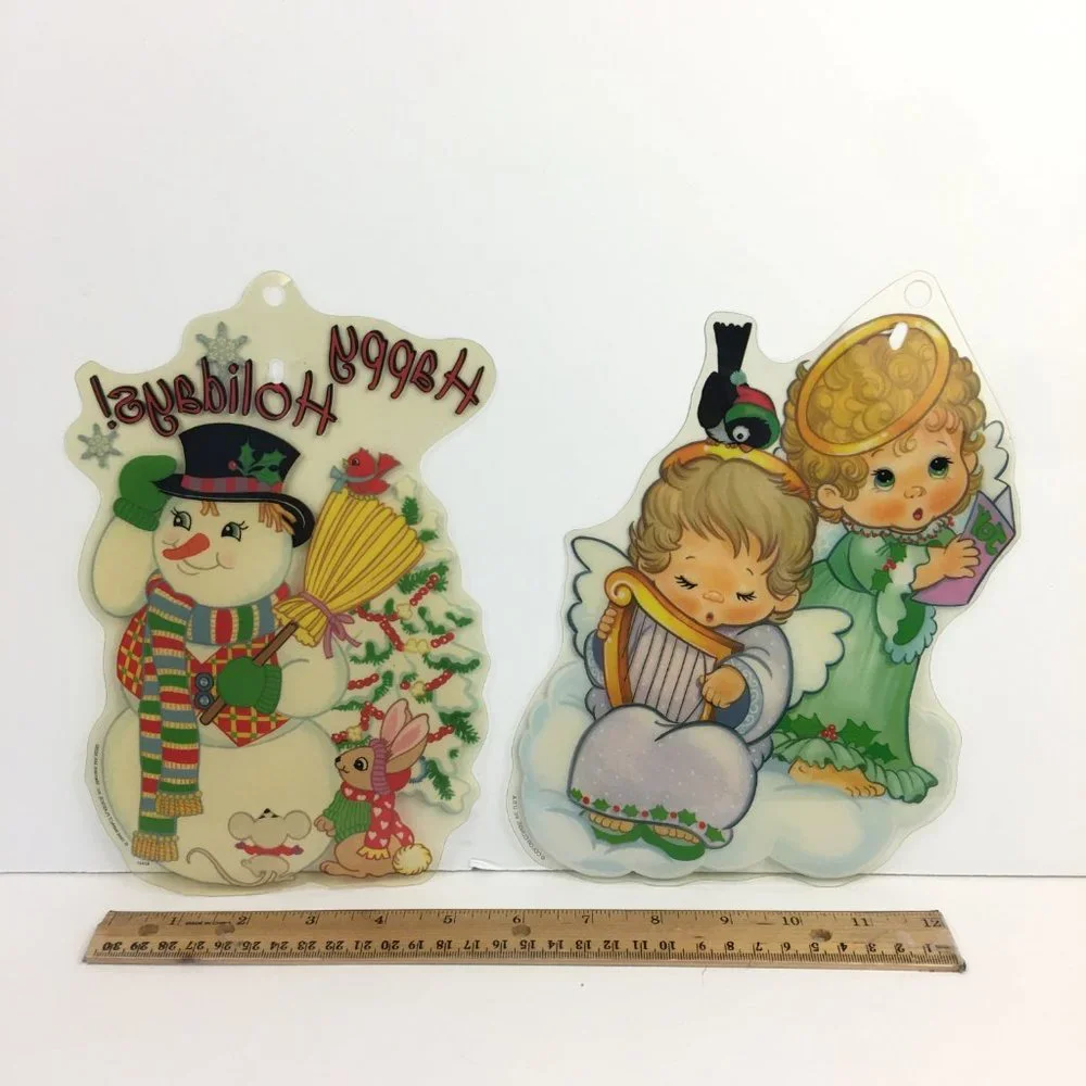 Vtg Impact Plastics Color Clings Happy Holidays Snowman Angels‎ Christmas Winter